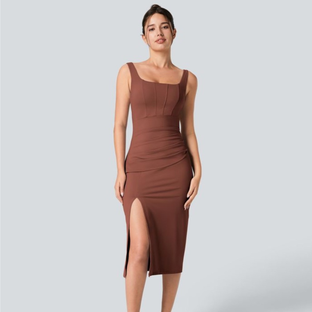 HALARA Corset Ruched Bodycon Midi Dress
